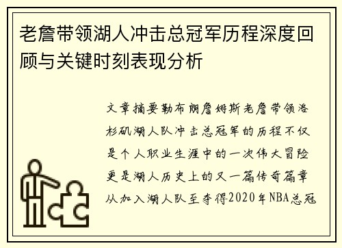 老詹带领湖人冲击总冠军历程深度回顾与关键时刻表现分析