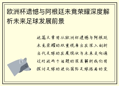 欧洲杯遗憾与阿根廷未竟荣耀深度解析未来足球发展前景
